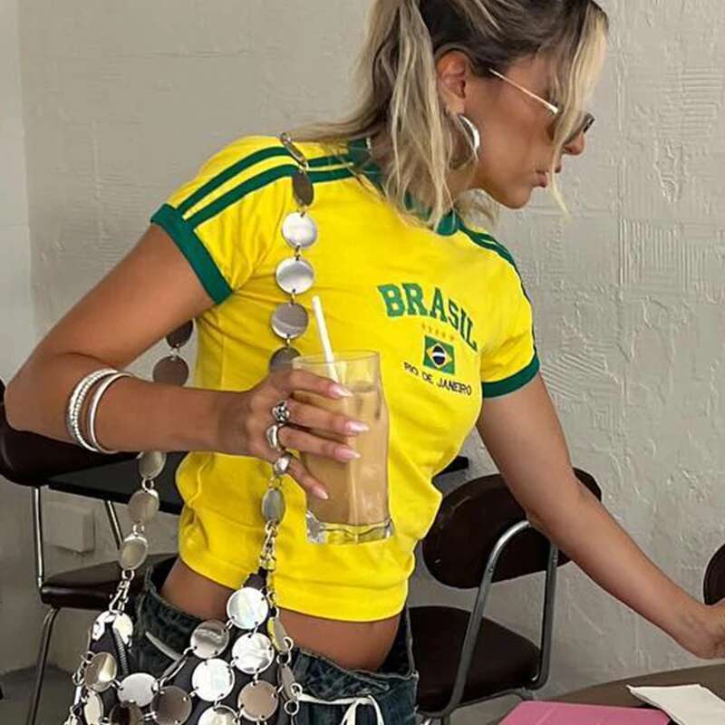 Letter Graphics Print Goth Yellow Skinny Cropped Tees Women Sexy Streetwear 2000S Haruku New Woman Clothing T-Shirt B5 11