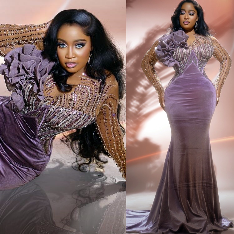 Lilac Mist Mermaid Plus Size Prom Dresses 2025 Beaded Crystals Velvet Evening Formal Party Second Birthday Engagement Gowns Dress For Special Occasion