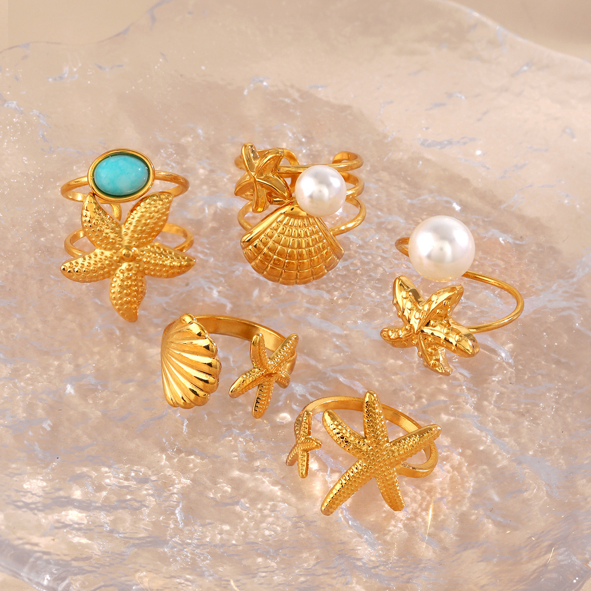 Fashionable and trendy summer beach vacation style starfish shell women's ocean element pearl open ring