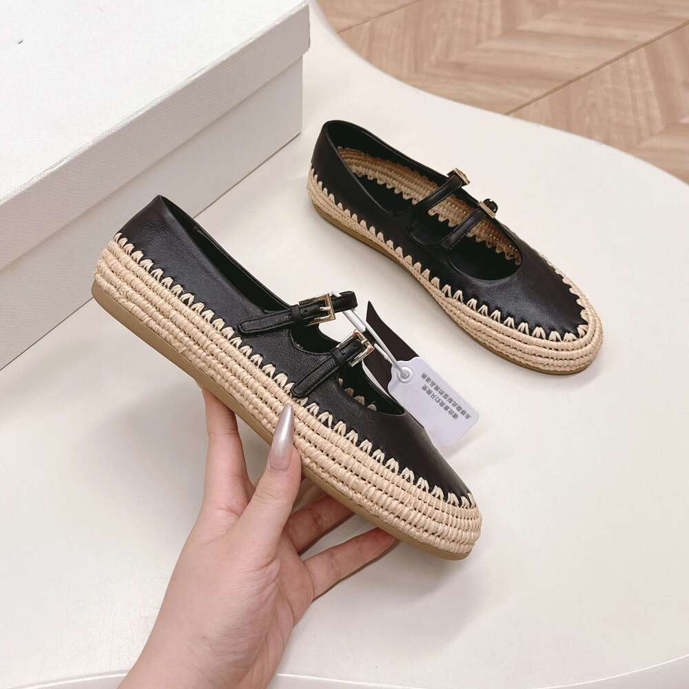 Women Size35-41 Natural Cow Suede Flats Mary Janes Flat Platform Weave Genuine Leather Designer Shoes Zapatillas De Mujer