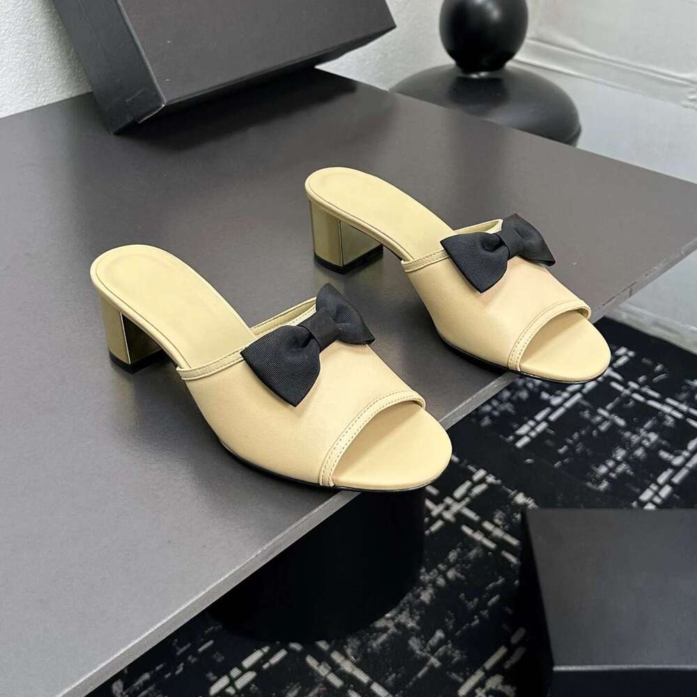 Women Size34-41 Genuine Leather Slippers High Heels Butterfly Knot Pumps Summer Slides Designer Shoes Zapatillas De Mujer