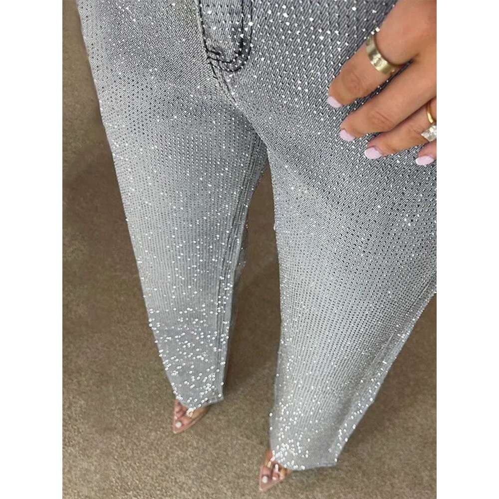 Y2k Women Shiny Rhinestone Denim Pants Wide Leg Straight Full Dia Jeans for Female Dragging High Street Outwear Trousers