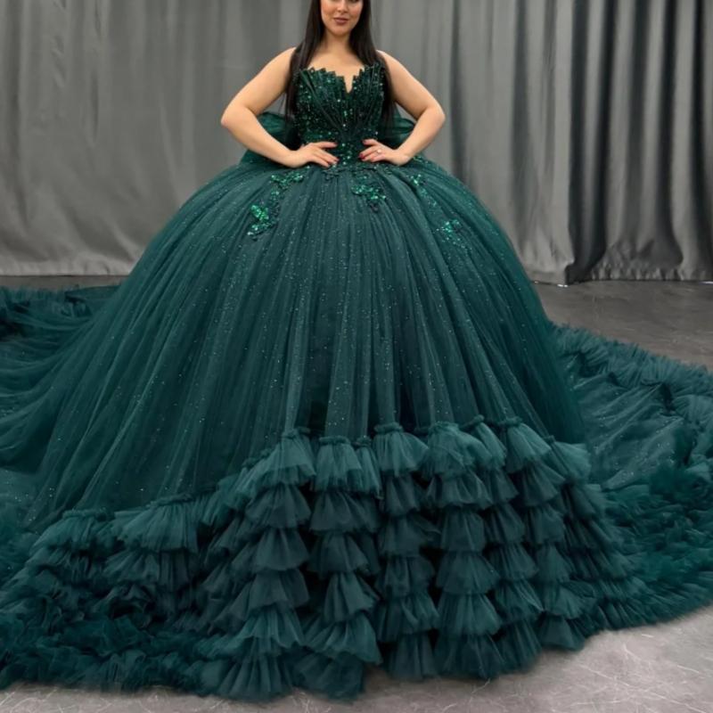 Blackish Green Quinceanera Dresses Off Shoulder Ball Gown Sweet 16 Dress Applique Beading Bow Tiered Tull Birthday Party Vestidos 15 De Anos