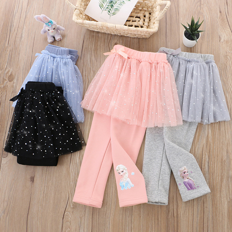 DISNEY Frozen Elsa princess kids designer clothes girl short dress and trousers pseudo two piece comfortable and soft.