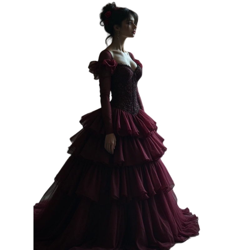 Gothic Burgundy Tiers Tulle Prom Dresses Long Sleeves Corset A-Line Puffy Special occasion Gown Lace Appliques Beaded Masquerade Dress For Women 2025