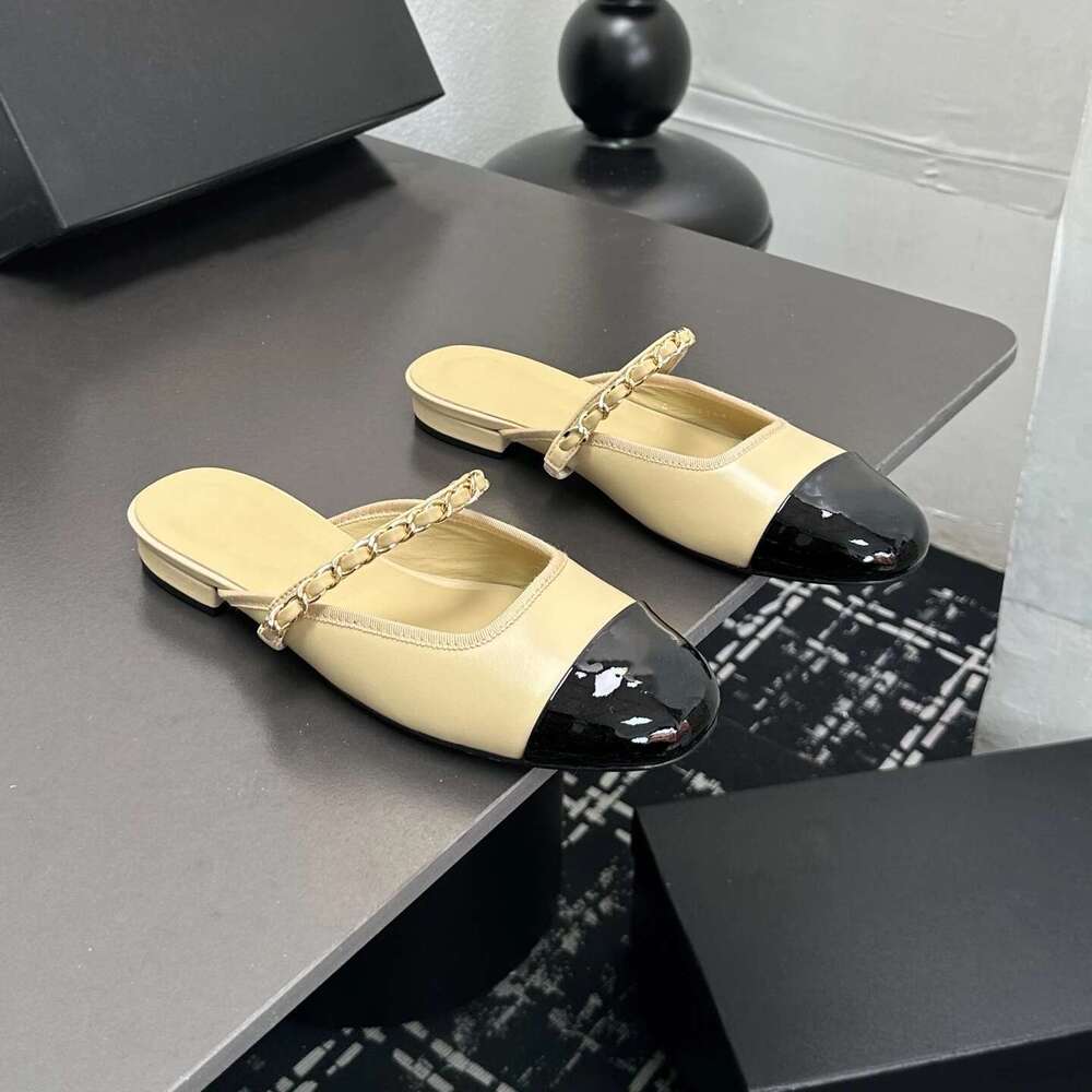 Women Size35-41 Genuine Leather Mules Low Heels Chain Slippers Round Toe Summer Slides Designer Shoes Zapatillas De Mujer