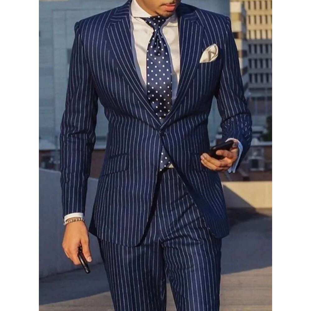 Navy Blue/Black Striped Men Suits Slim Fit Notch Lapel Single Breasted Wedding Groom Tuxedos 2 Piece Business Set (Jacket+Pants)