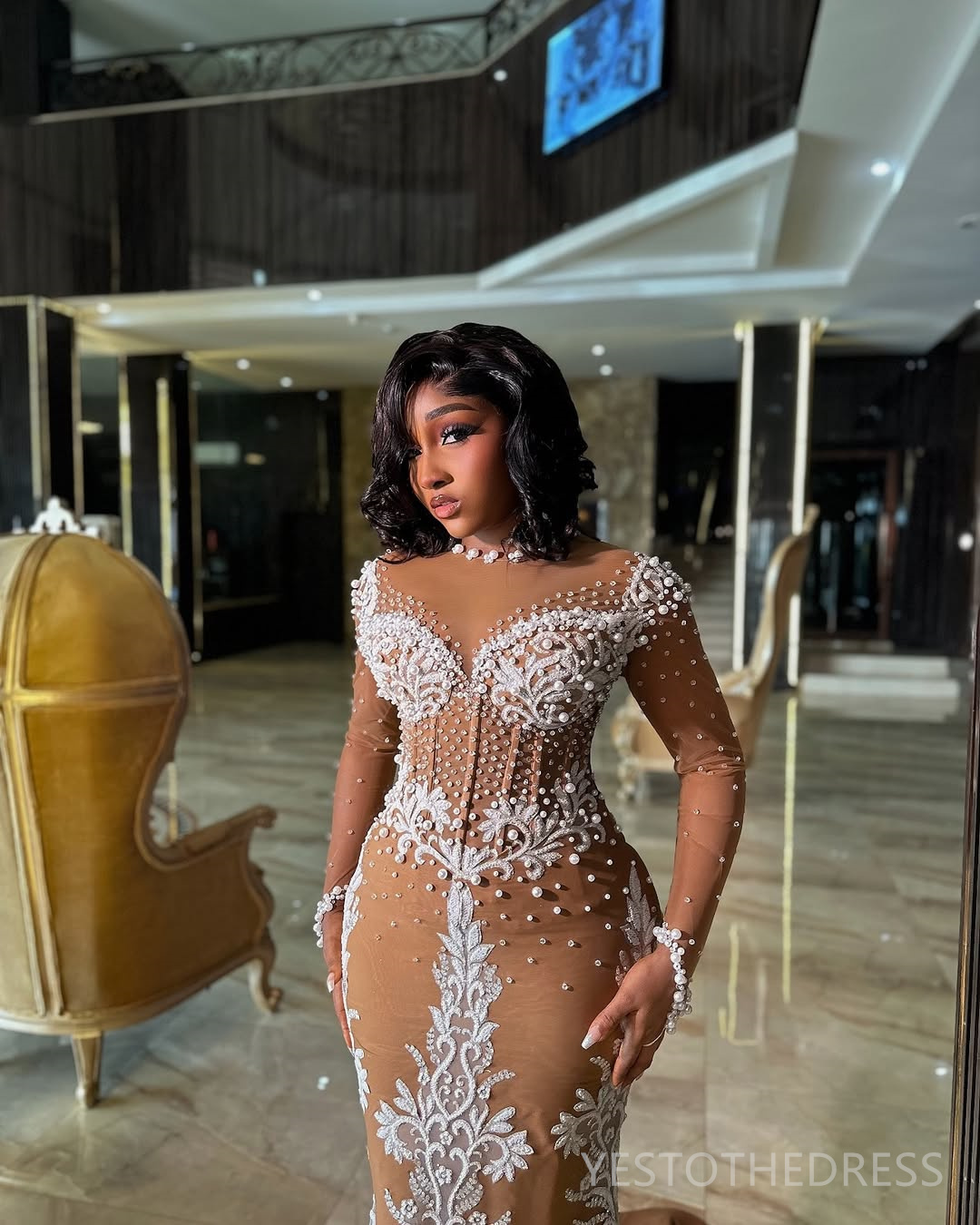 2025 Plus Size Brown Aso Ebi Prom Dress Mermaid Prom Dresses Evening Formal Gowns Sheer Neck Long Sleeves Pearls Lace Birthday Dress Second Reception 