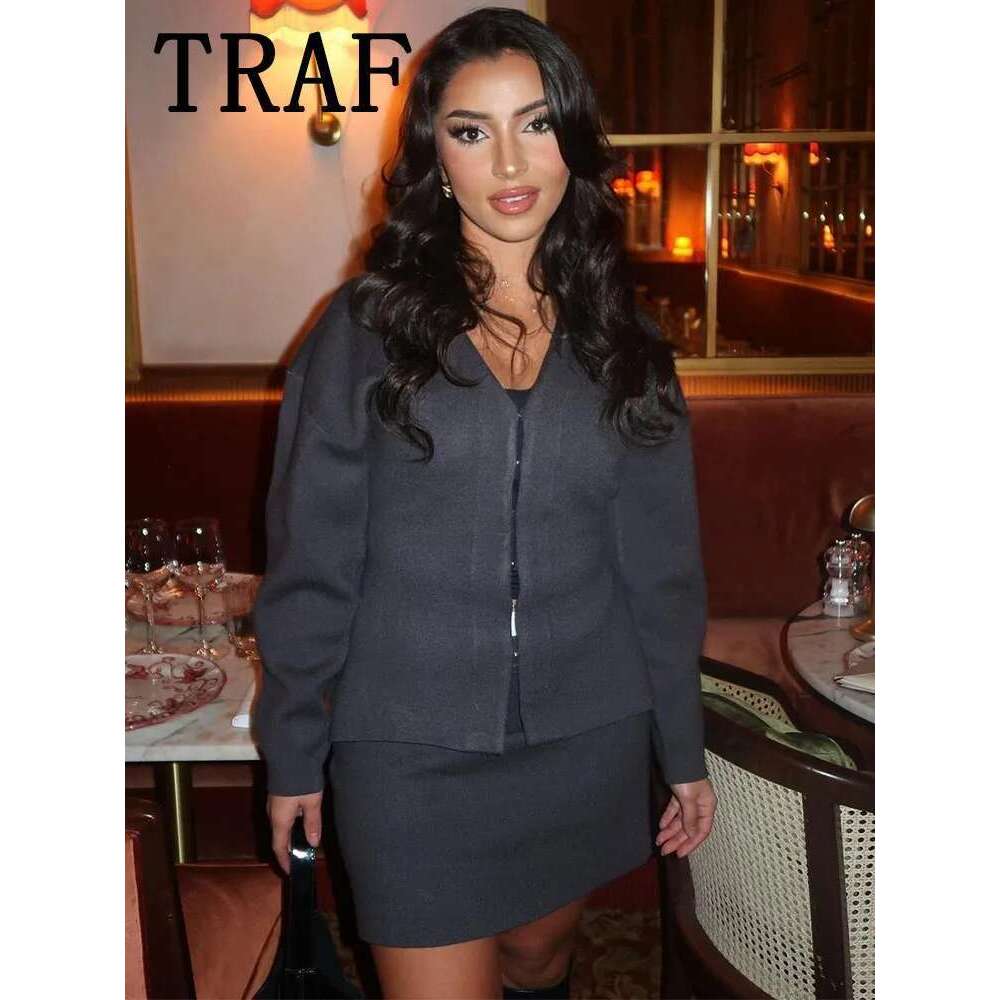 Mini Skirt Sets For 2 Pieces Knit Coat Suits New Two Piece Set Women Outfit Streetwear Clothing