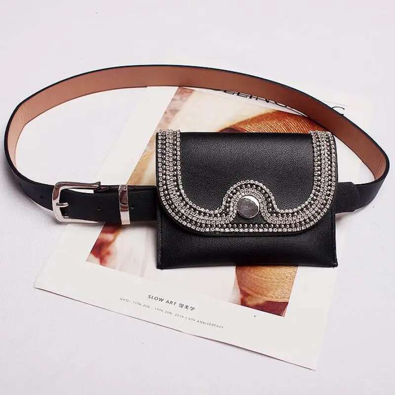 Glitter Full Dia Waist New Fashion Dark Buckle Pu Leather Pockets Belt Ladies Dual-use Three Optional Tide Bag 729