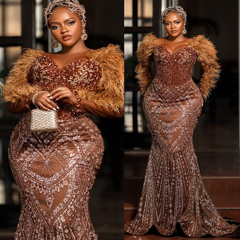 2025 Plus Size Brown Aso Ebi Prom Dress Mermaid Prom Dresses Evening Formal Gowns Long Sleeves Feather Beaded Lace Birthday Dress Second Reception Gow