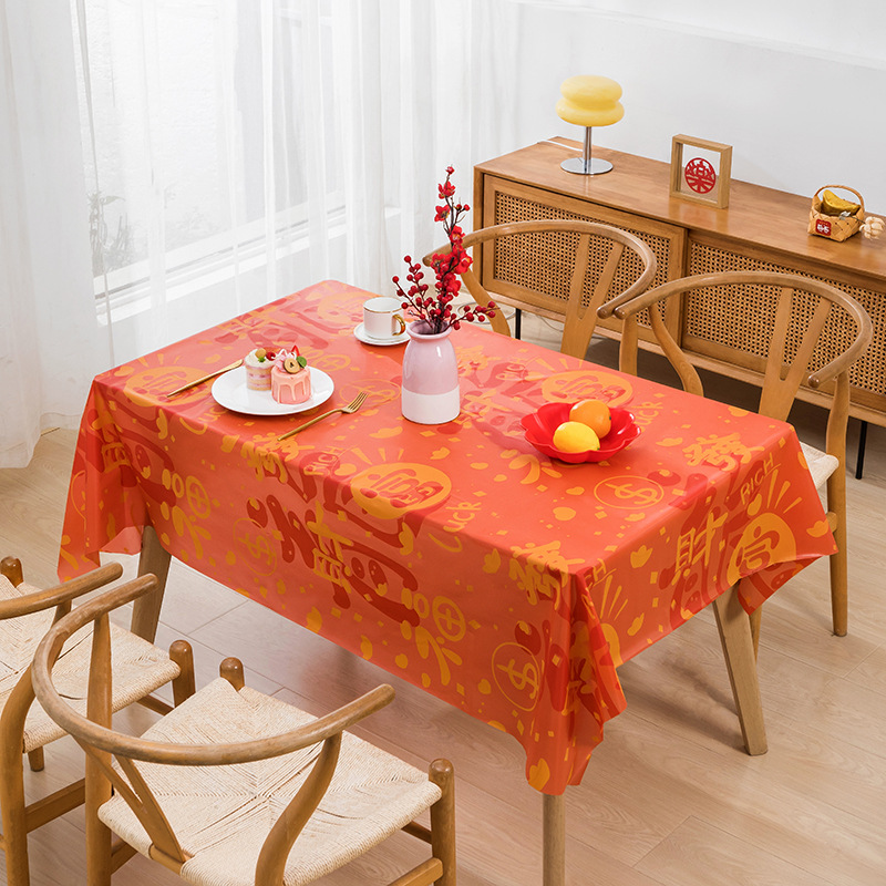 B405 PEVA New Year Couplet Tablecloth New Year Table Mat Tablecloth Waterproof and Oil-proof Red Festive Tea Table Cover