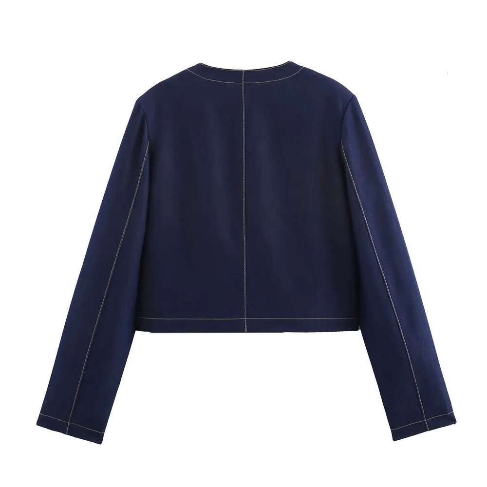 PB&ZA Women's Set Long sleeved Cropped Jacket with Gold Buttons Matching Wide - leg Pants for a Chic and Elegant Look