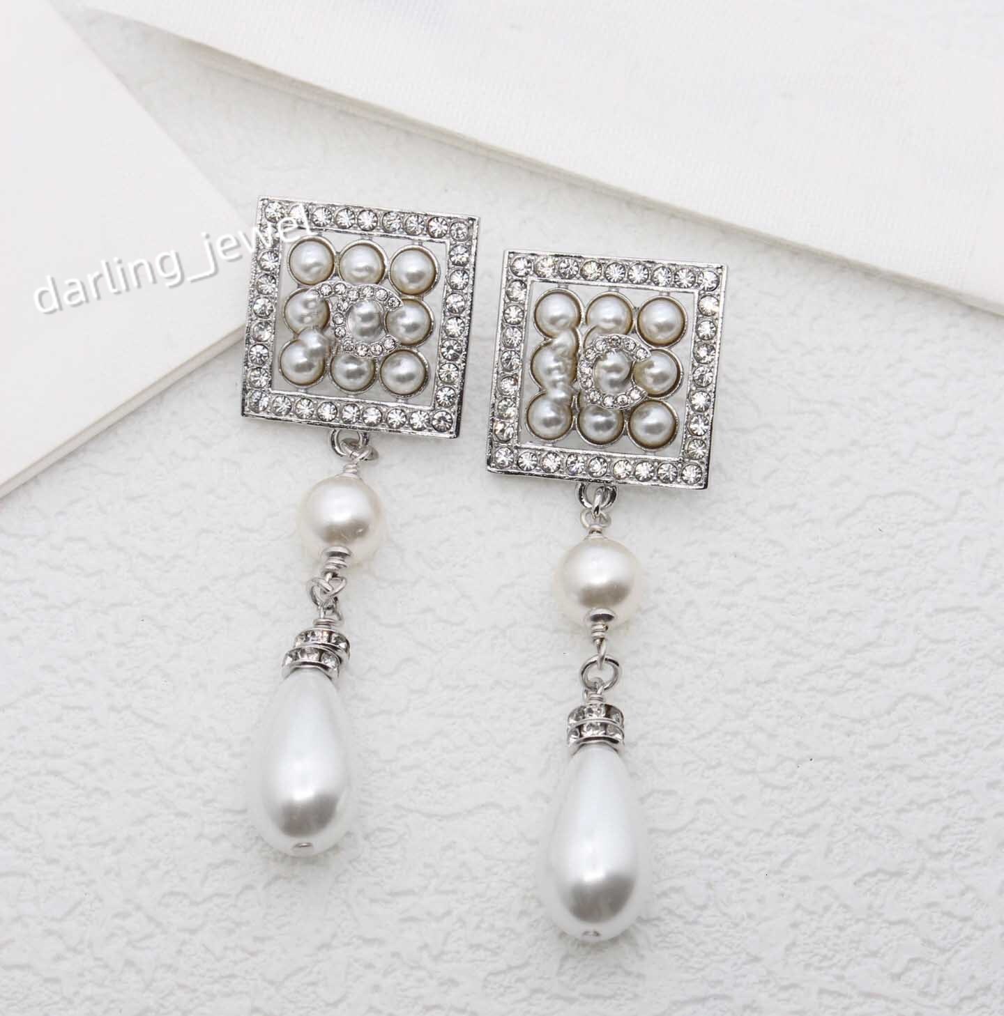 2024 Luxury quality charm square shape stud earring brooch with diamond and white nature shell beads in silver plated have stamp box PS3524B
