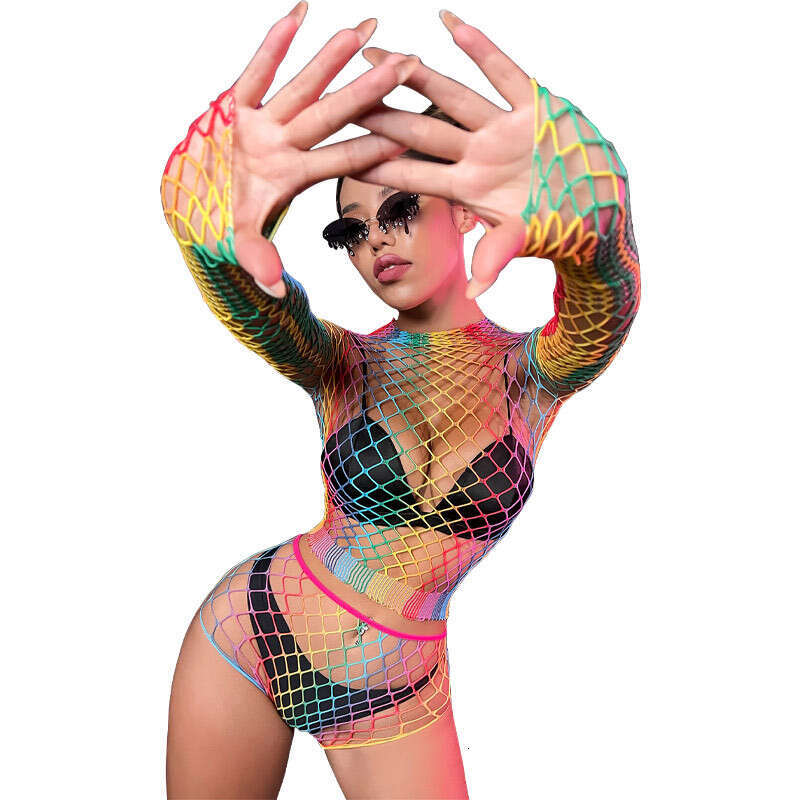 Patent Leather Sexy Lingerie Mesh Lingerie Rainbow Sexy Display Big Pure Desire Transparent Tight Fitting Mesh Suit KQ