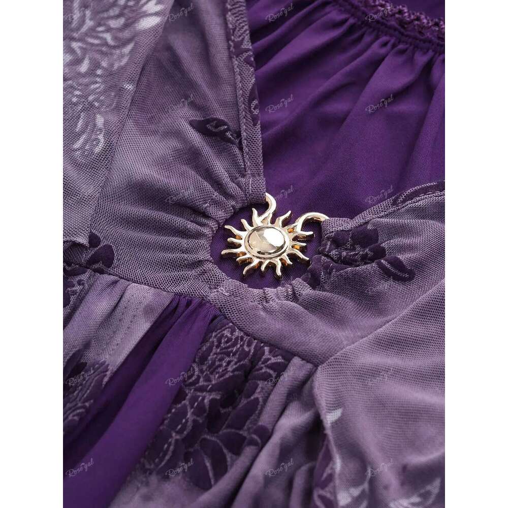 ROSEGAL Plus Size Hooded Women Autumn Winter Floral Flocking Mesh Sun Buckle Lace Trim Ruched Ruffles Dress Purple Vestido