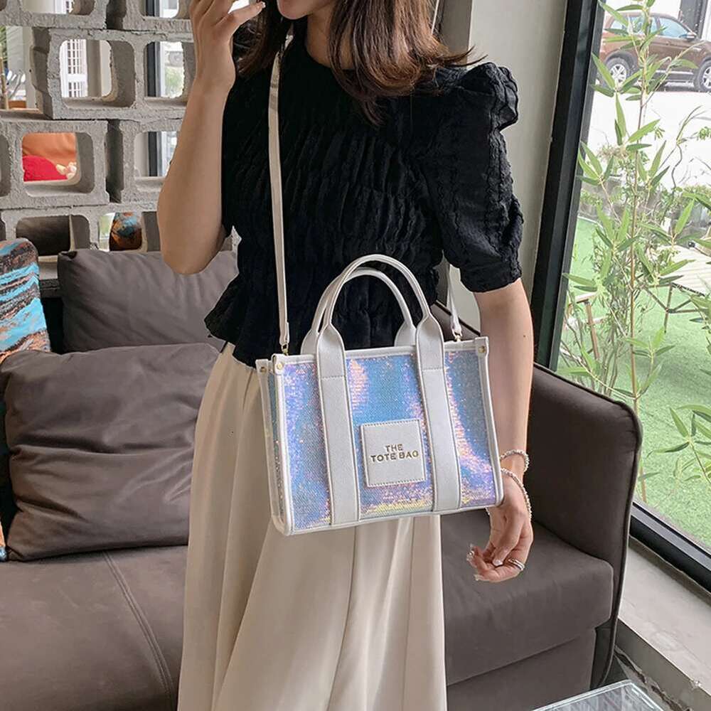 New The Tote Letter Printed Sequins Top-Handle Women Leather Handbag Designer Glitter Shoulder Crossbody Bag