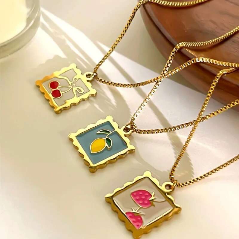Minar Vintage Enameled Cherry, Lemon and Strawberry Pendant for Women, 316L Stainless Steel Necklace with Gold Plating