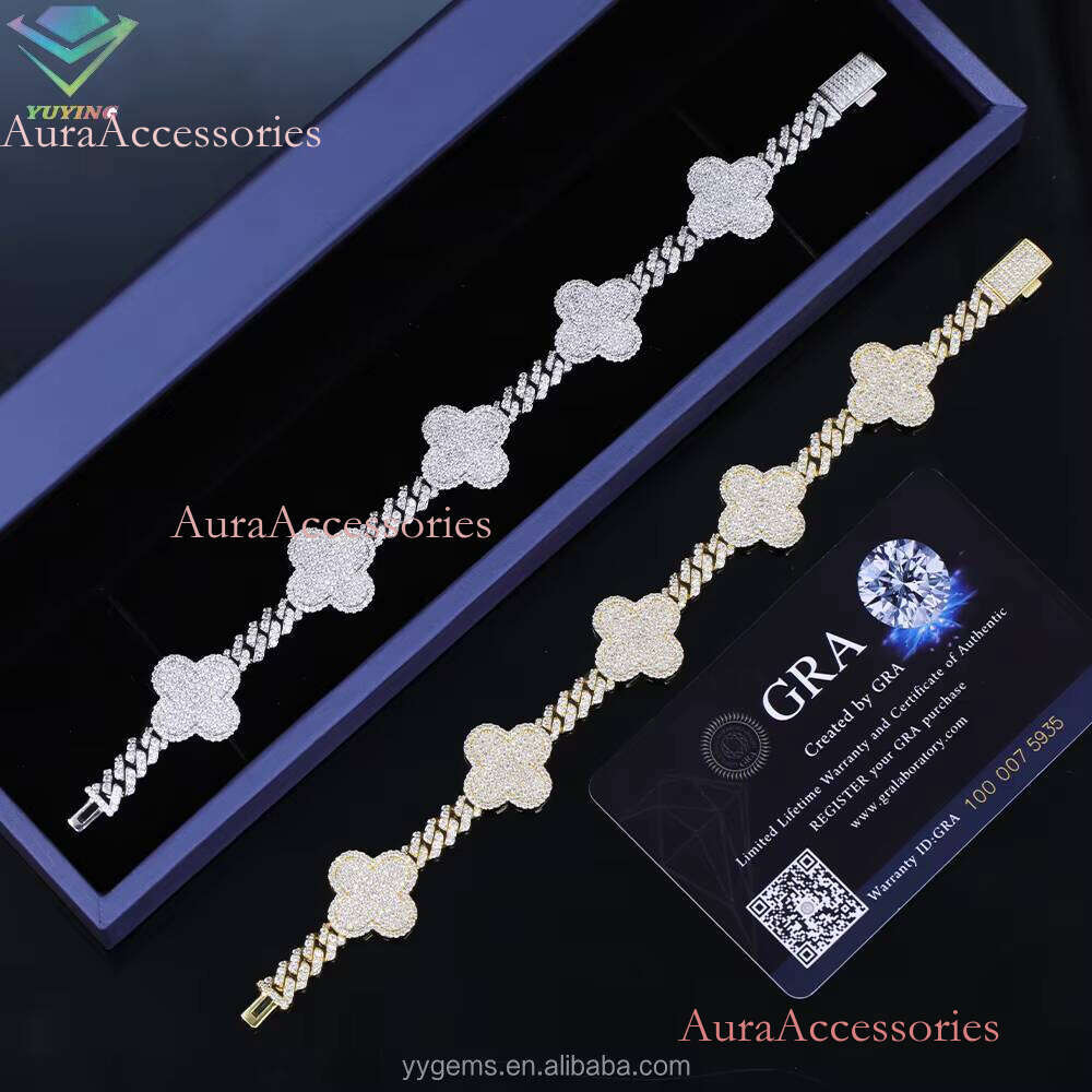 Sier & Gold Plated Clovers Dia Moissanite Bracelet New Design Cuban Link Chain for Men and Women Hip-Hop Style
