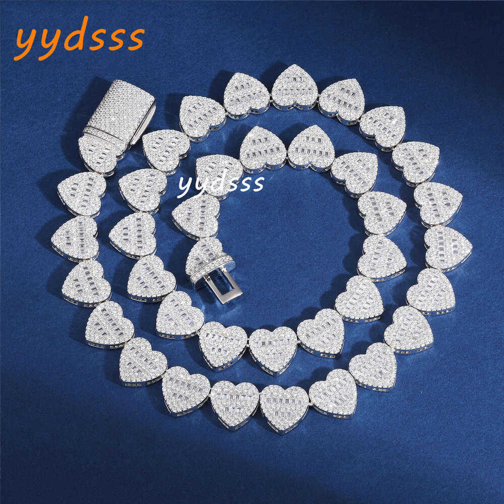Dropshipping Luxury Hip Hop Jewelry 13mm 925 Sterling Silver VVS Moissanite Diamond Iced Out Heart Shape Tennis Chain Necklace