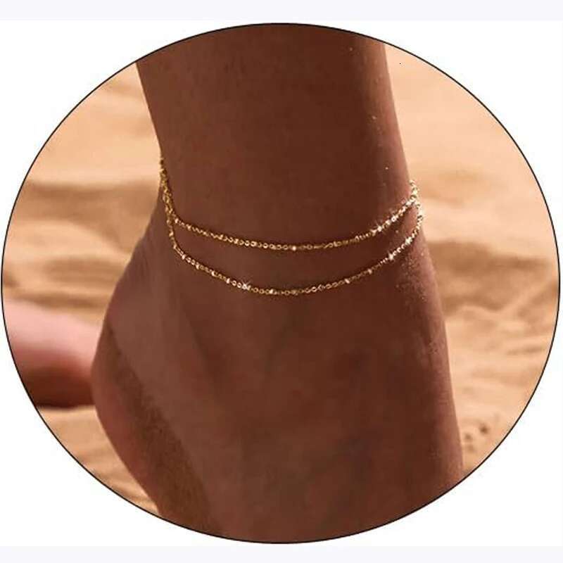 Ankle Women,14K Gold Sier Plated Layered Beads Anklets Bracelets For Women Girls Summer Jewelry Gifts