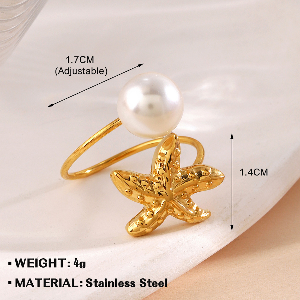 Fashionable and trendy summer beach vacation style starfish shell women's ocean element pearl open ring