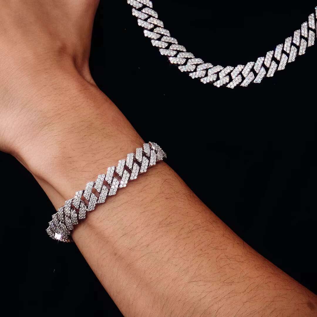 Hip-hop Rap Style Cuban Link Bracelet Chain 925 Sterling Silver Moissanite Diamond 12mm 2 Row Stones Twinkle Jewelry