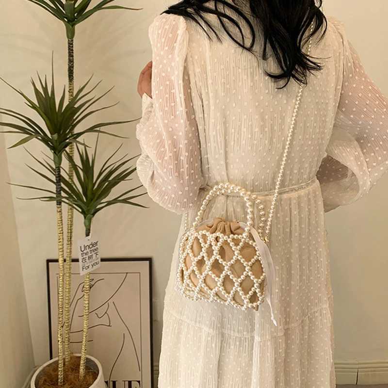 Pearl Womens Bucket Tote Bag Woven Pearl Crossbody Small Wallet Handbag Casual Drawstring Female Coin Purse Z250512
