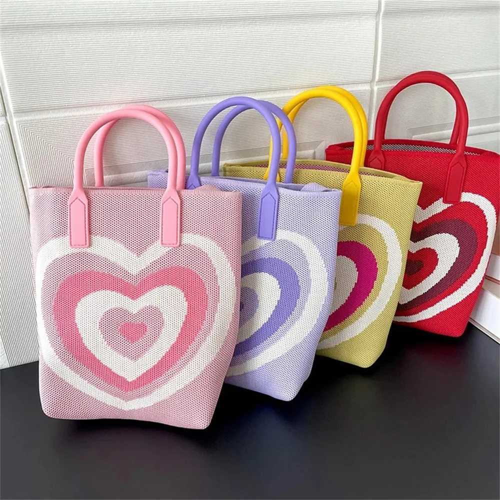 Fashion Knit Handbag Women Tote Shoulder Bag Heart Color Contrast Female Crossbody Bag Portable Ladies Beach Handbag ShoppingBagW250512