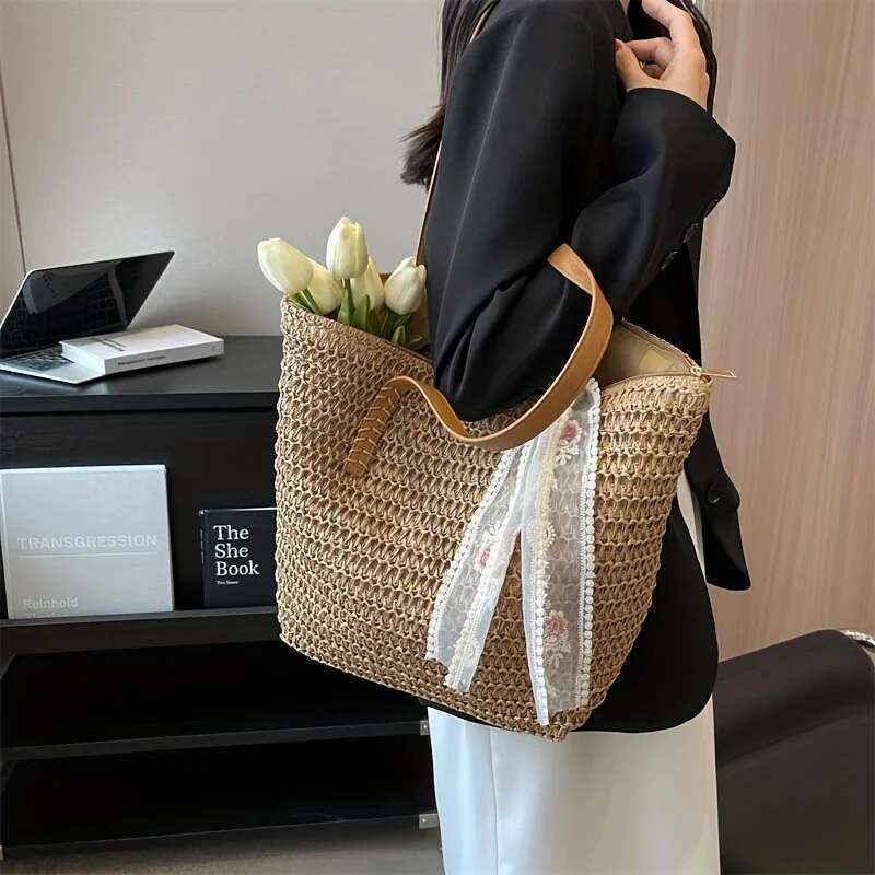 Large Capacity Women's Handbag, Straw Woven Shoulder Summer Versatile Vacation Beach Bag