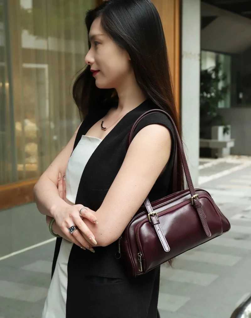 Retro Women Baguette Bags Genuine Leather Ladies Shoulder Bags Fashion Female Bowling BagsW250512