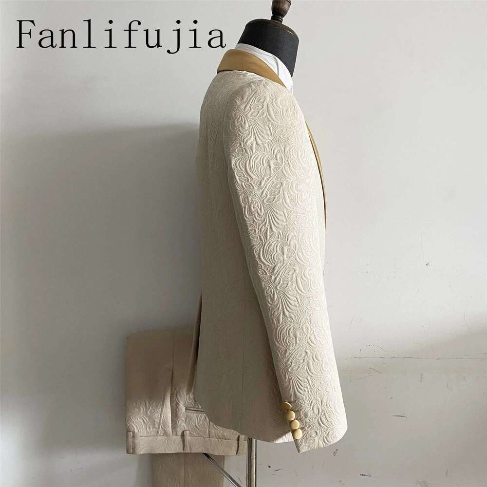 Fanlifujia Mens Wedding 2024 Italian Design Custom Made Champagne Smoking Tuxedo Jacket 2 Piece Groom Terno Suits For Men