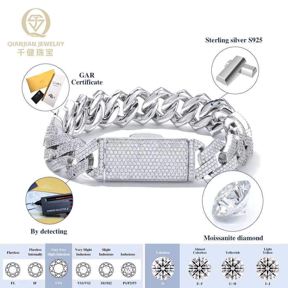 Hot Selling Hip Hop Jewelry 925 Silver Cuban Bracelet GRA VVS Third Party Certified Iced Out Moissanite Bracelet