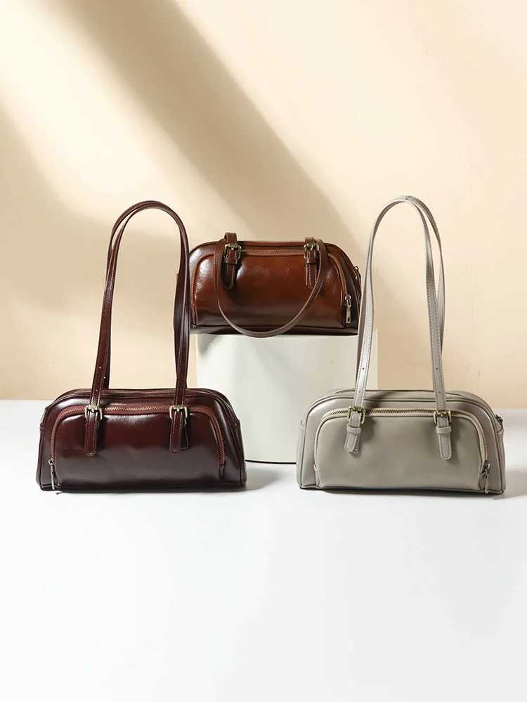 Retro Women Baguette Bags Genuine Leather Ladies Shoulder Bags Fashion Female Bowling BagsW250512