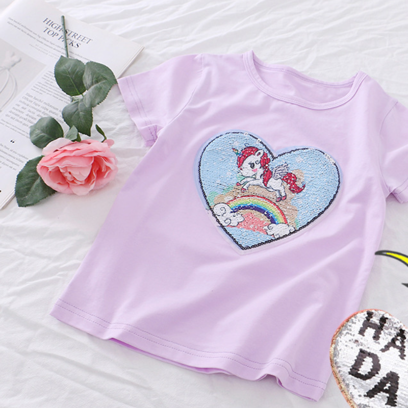 DISNEY Frozen Princess Elsa kids designer clothes Girls' T-shirt children's summer short-sleeved color-changing sequin T-shirt Kuromi.
