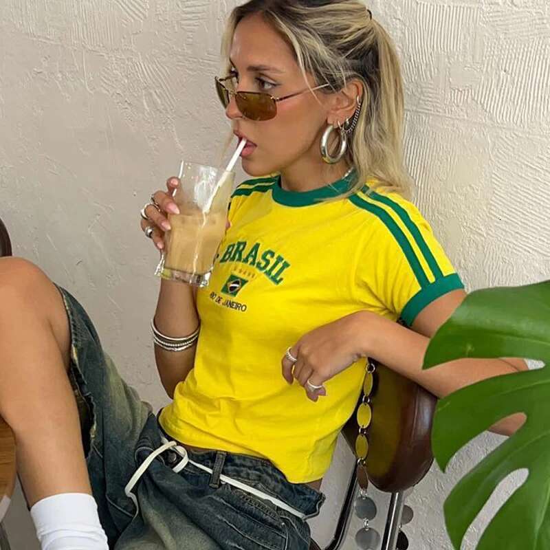 Letter Graphics Print Goth Yellow Skinny Cropped Tees Women Sexy Streetwear 2000S Haruku New Woman Clothing T-Shirt B5 11