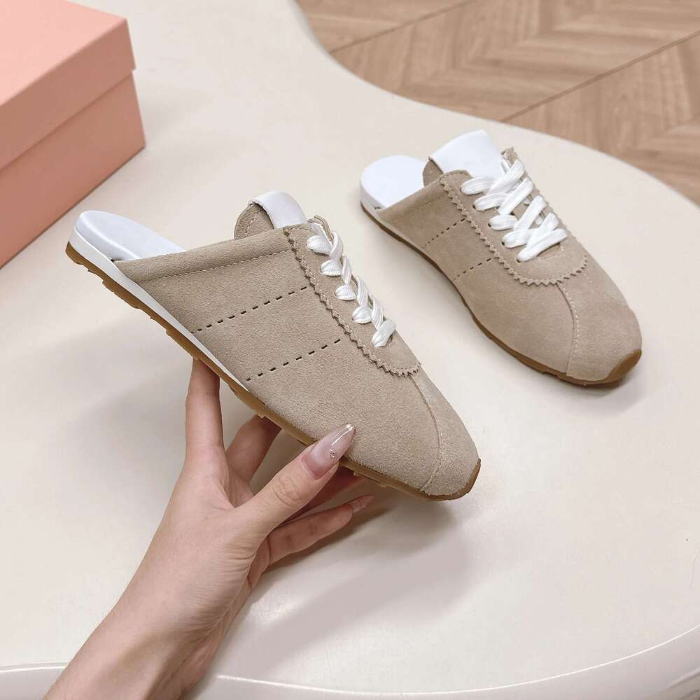 Women Natural Cow Suede Slippers Genuine Leather Mules Sports Leisure Flats Round Toe Designer Shoes Zapatillas De Mujer