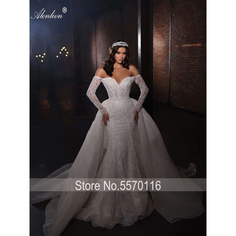 Alonlivn Luxurious Embroidery 2 In 1 Mermaid Bridal Gown Beading Appliques Lace Off Shoulder Sleeves Sweetheart Wedding Dress