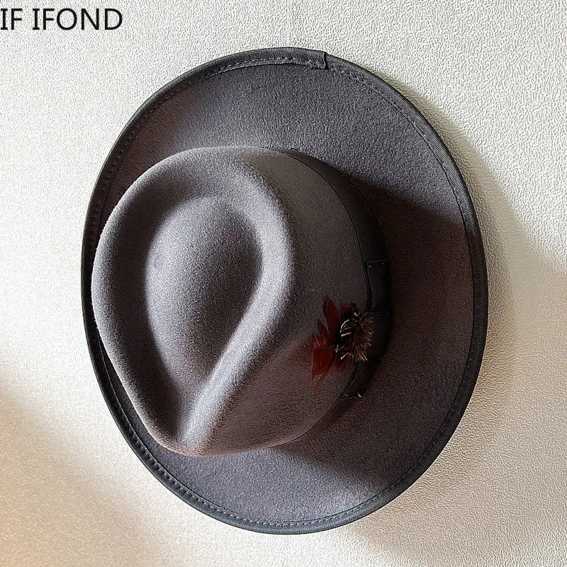Handmade Feathers Felt Fedora Hat Vintage Men Panama Trilby Hats Curved Brim Gentleman Party Dress Cap 250512
