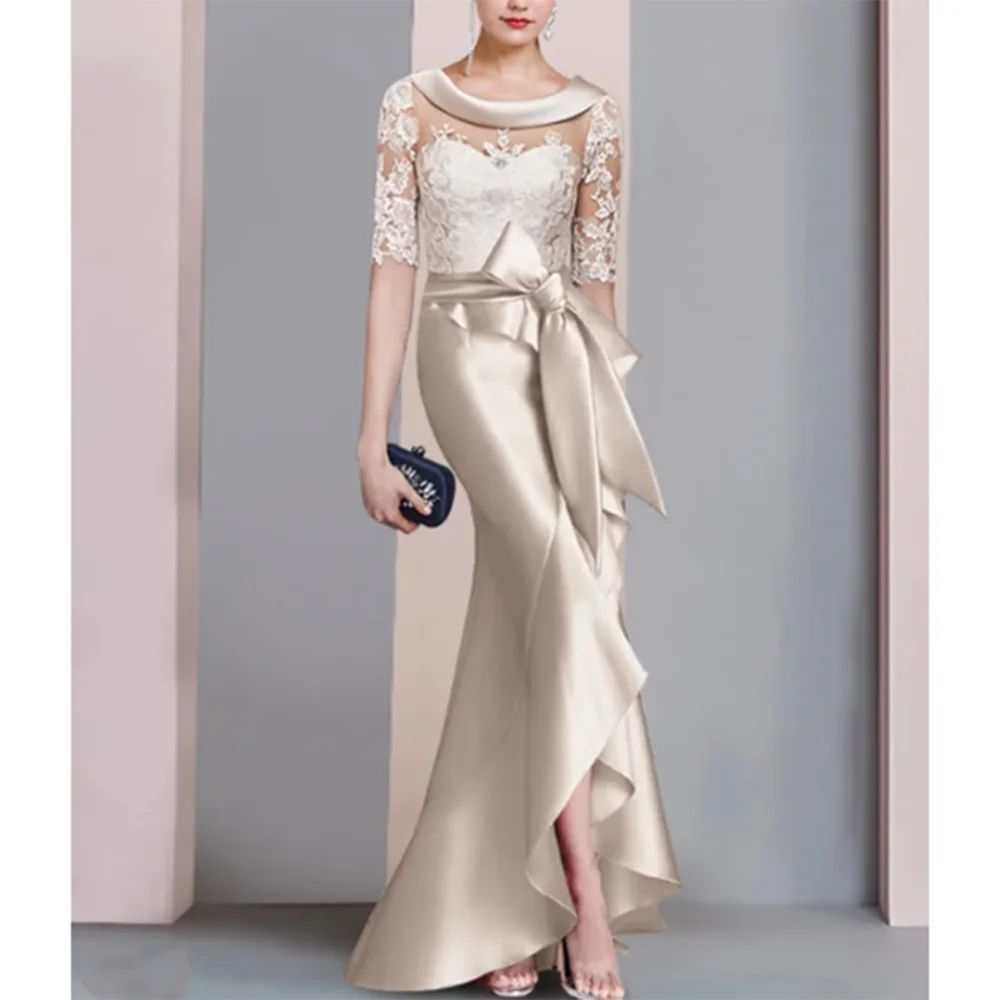 Elegant Champagne Mother Of The Bride Dresses Lace Appliques half Sleeves Mermaid Formal Party Gown Chic Wedding Guest Dress Scoop Neck Open Back Prom