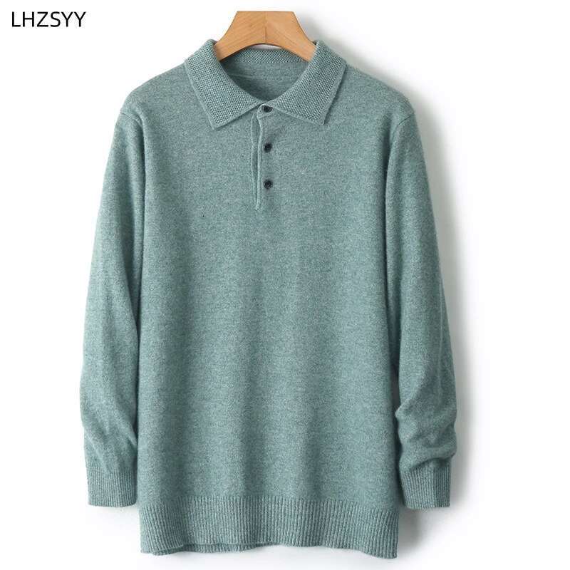 LHZSYY 100%Merino Wool Hot Cardigans Men Lapel Pullover Long Sleeve POLO Neck Sweaters Loose Tops Knit Clothing Large Size Shirt-250512
