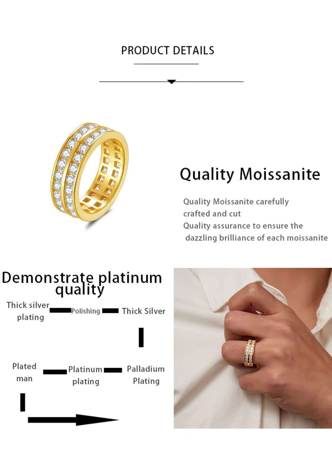 Full Iced Out Sparkling Moissanite Ring 18K Gold Plated 925 Sterling Silver Jewelry Double Row Round Moissanite Ring for Women