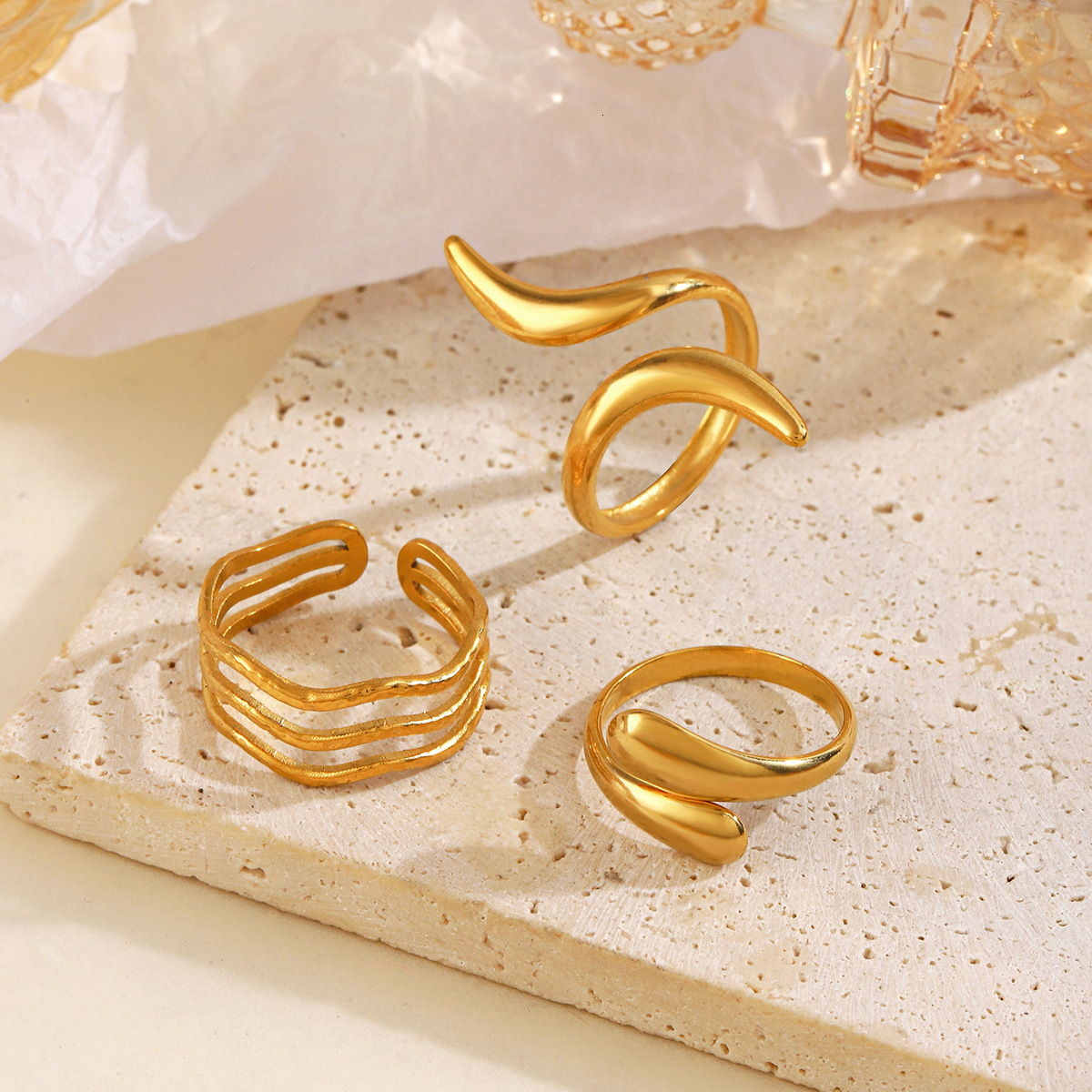 Stainless Line Open Personalized Hip Hop Gold Plated Irregular Shaped Titanium Steel Ring