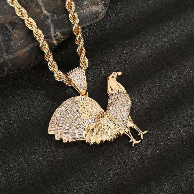 OEM ODM Hip Hop 14k Gold Plated Rooster Cubic Zirconia Copper Pendants and Necklaces