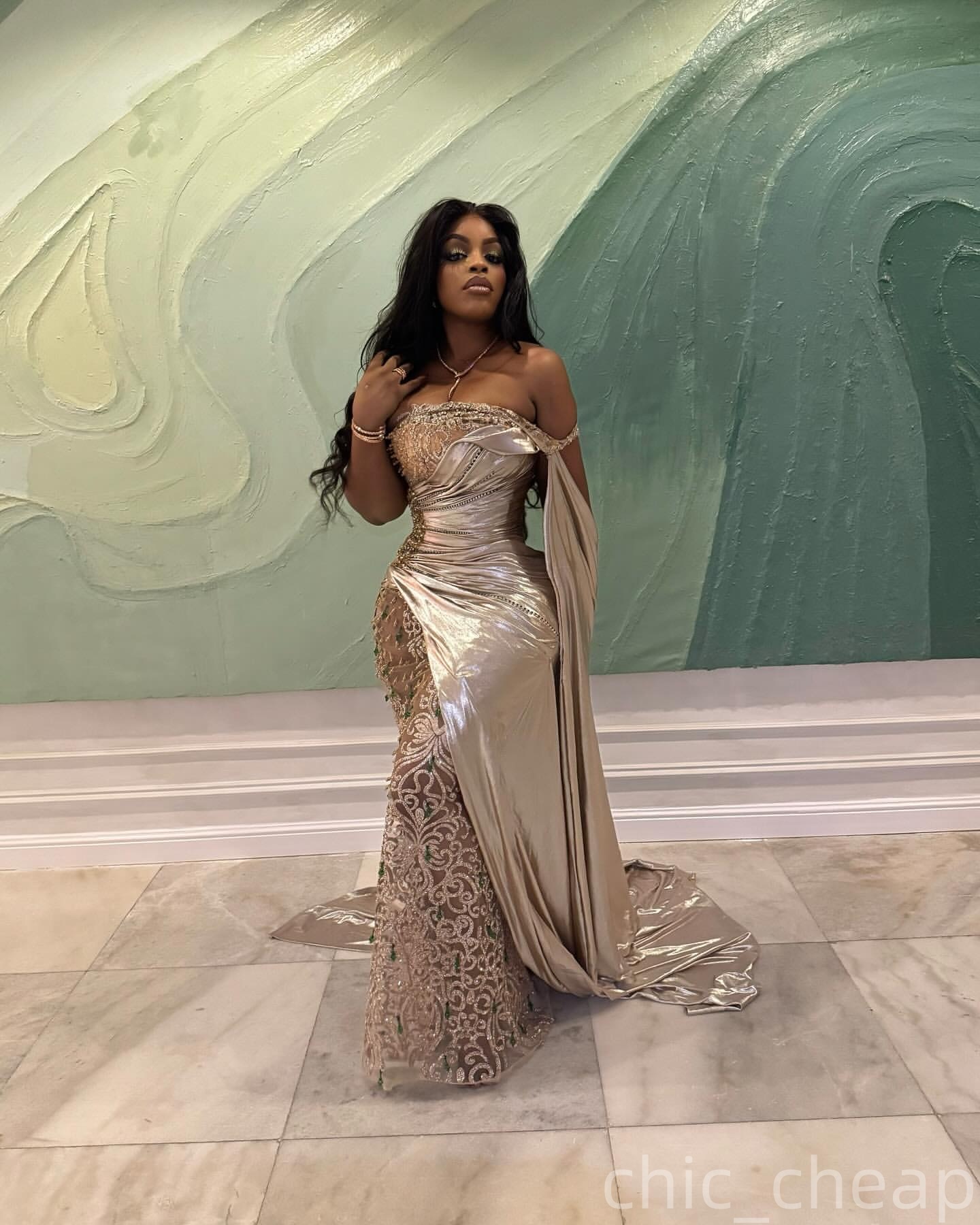 Champagne Mermaid Plus Size Prom Dresses 2025 Lace Crystals Satin Strapless Evening Formal Party Second Birthday Engagement Gowns Dress For Special Oc