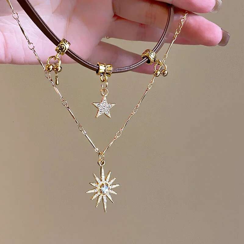 Fashion Sun Zircon For Women Vintage Leather Choker Necklace Double Layered Star Pendant Jewelry Adjustable Chain