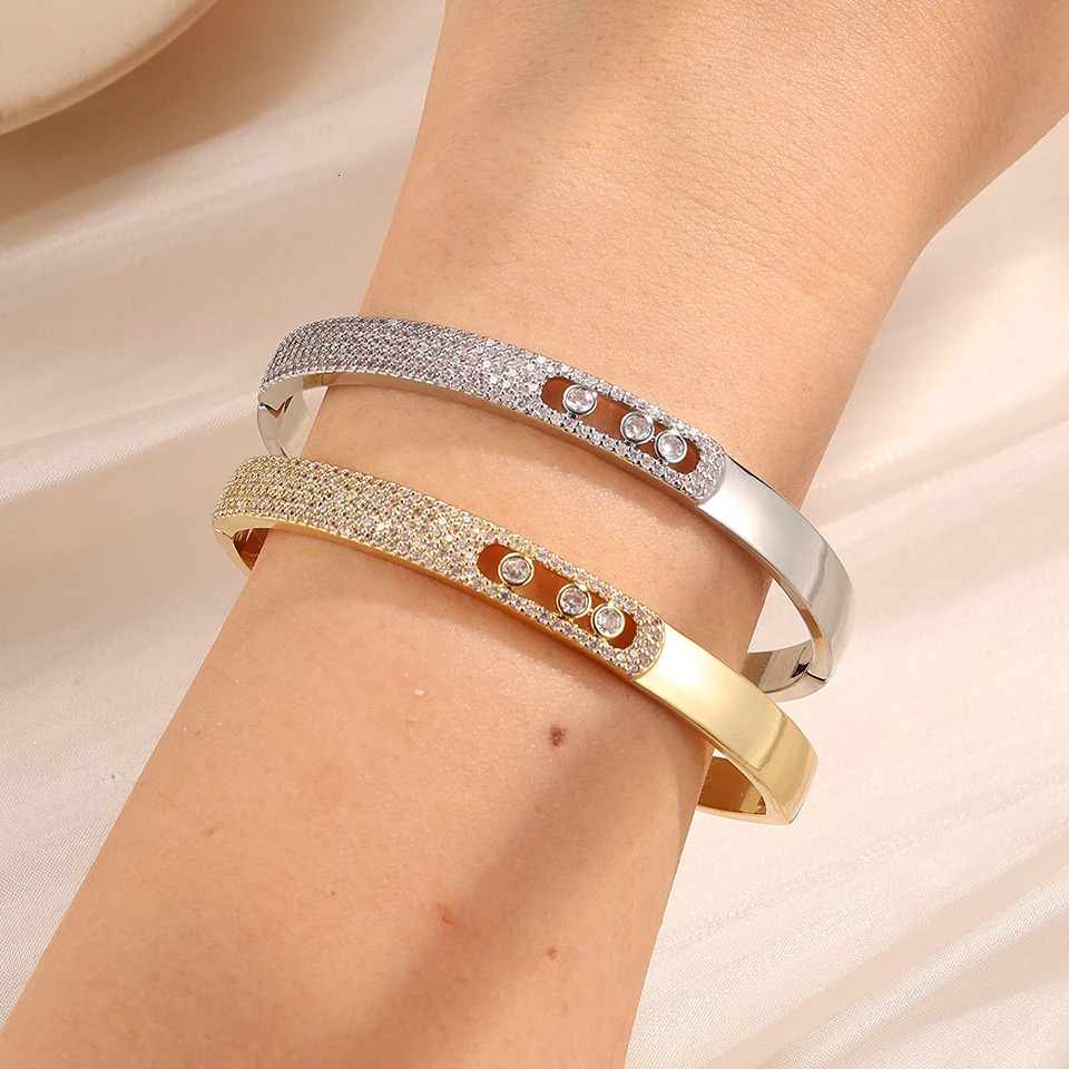 ZAKOL Niche n Micro Paved Cubic Zirconia Bangle Three Round Zircons Open Snap Bracelet Fashion Party Jewelry Gift 250512