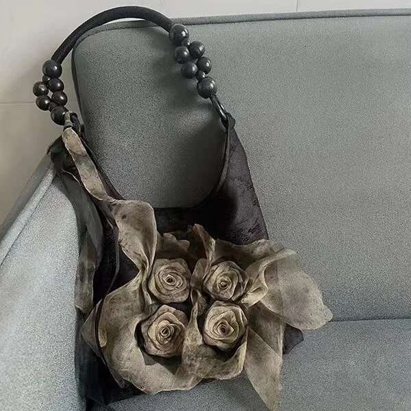 Chinese Style Rose Decor Shoulder Fashion Commuter Tote Classic Pleated Handbags High Quality Women Underarm Bags