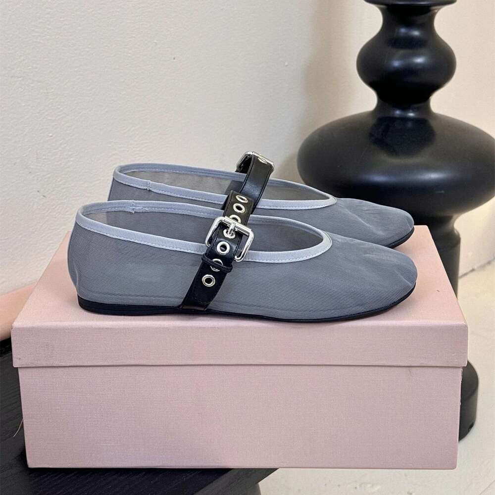 Women Mesh Flats Mary Jaens Genuine Leather Round Toe Buckle Strap Solid Colors Leisure Designer Shoes Zapatillas De Mujer