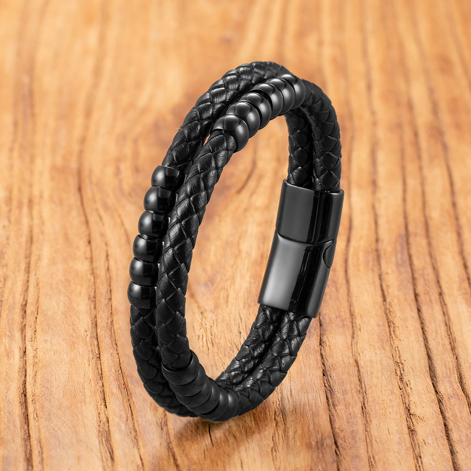 Handmade Genuine Leather Bracelet with Stainless Steel beaded doubledeck Unisex Jewelry Gift for CoupleBirthday 250512